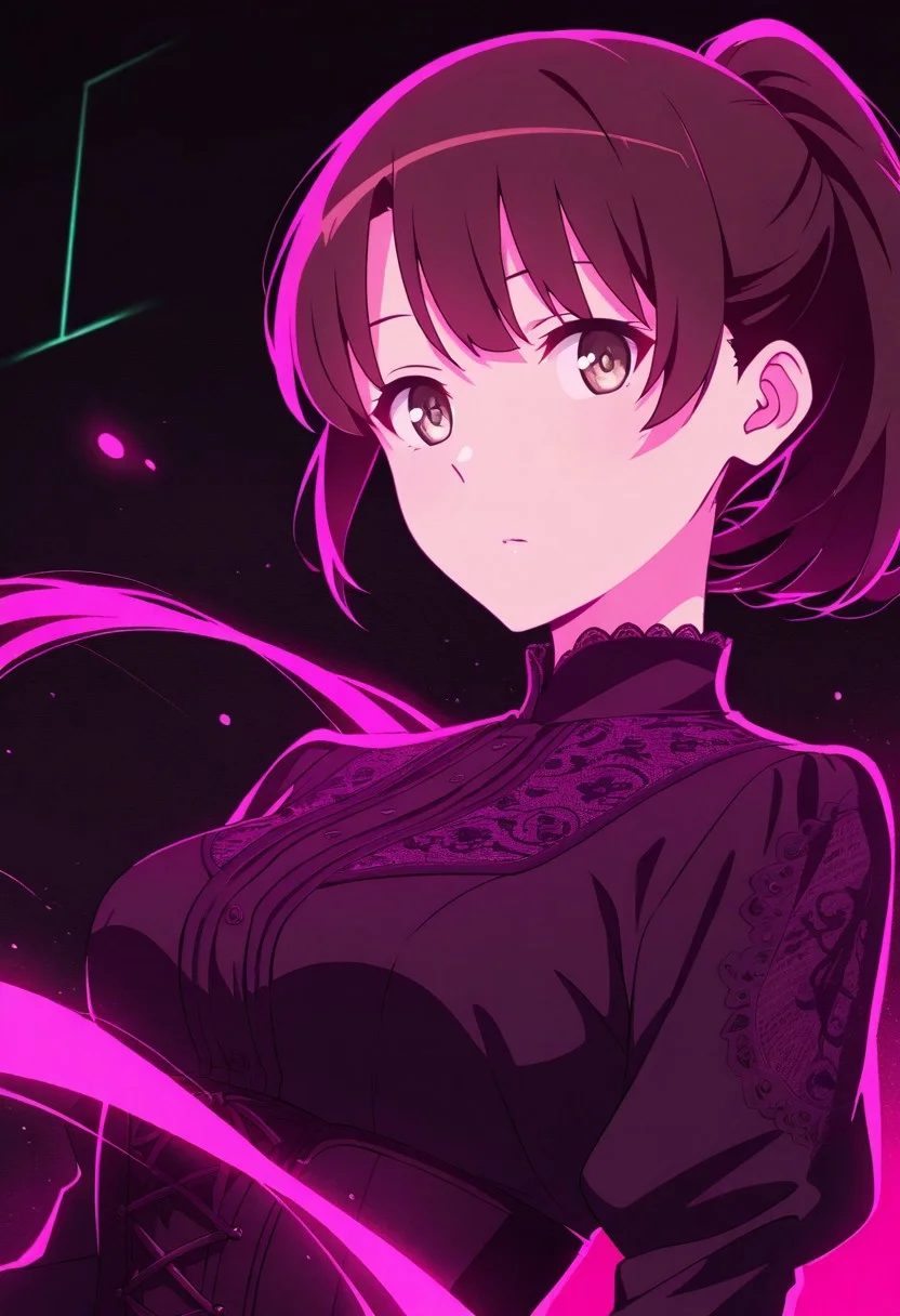 silhouette character, black ink, neon colors, colors splash effect, flowing hair, Masterpiece, clean lines, sharp, focused subject, minimalistic composition, side view, blue and pink neon lights, black background, futuristic, katomegumi, 1girl,Megumi <lora:IL-KatoMegumi:0.8>,brown hair,katou megumi,brown eyes,pupils, short hair, medium breasts, dynamic motion, dynamic angle, vibrant colour, looking at viewer , ponytail , Victorian gothic dress, black lace details, high collar, corset design