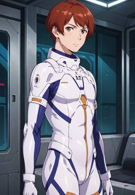 score_9, score_8_up, score_7_up, source_anime, cowboy shot, side view, BREAK, ( lane_aim, brown eyes, auburn hair, best eyes, looking to the side, new pilot suit, neutral expression,, ) 1boy, male focus, solo, BREAK, ready room,