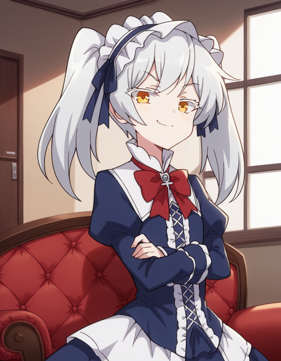 score_9, score_8_up, score_7_up, source_anime, <lora:isekaismartphone-leen-s2-ponyxl-lora-nochekaiser:1>, leen, ribbon, twintails, yellow eyes, white hair,, dress, blue dress, long sleeves, frilled dress, red bowtie, puffy sleeves, frilled skirt, skirt, blue skirt, headdress, frille headdress,, living room, video game, controller, competitive, fun, afternoon, , crossed arms, smug, looking at viewer, solo,, dutch angle, cowboy shot