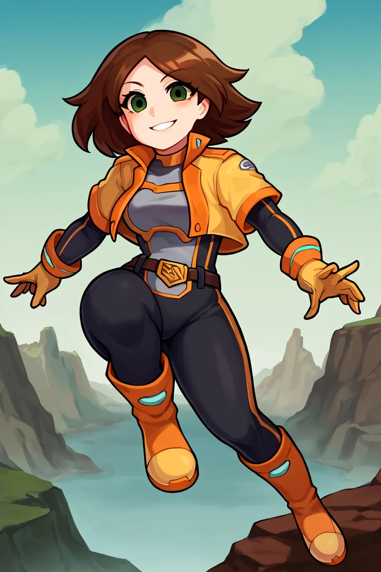 (Score_9,score_8_up,score_7_up, embedding:deep negative pony, beautiful face:0.8), BREAK 1girl, solo, sbmiigunneru, no sclera, green eyes, brown hair, parted bangs, medium hair, boots, knee boots, belt, orange jacket, grey bodysuit, gloves, cropped Jacket, smile, contrapposto, arched back, curvy, dynamic pose, feet out of frame, cliffs, floating island