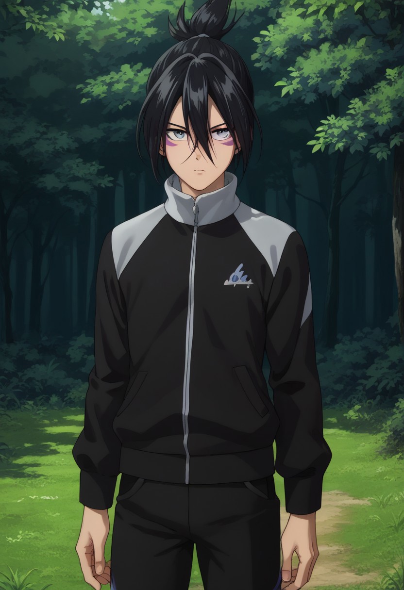 score_9, score_8_up, score_7_up, source_anime, highly detailed, 
nosonikku, 1boy, male focus, facial mark, black hair, solo, folded ponytail, grey eyes,
track jacket, track suit, pants, black jacket, black pants, hair between eyes, upper body, expressionless,
outdoor, tree, shadows, forest,