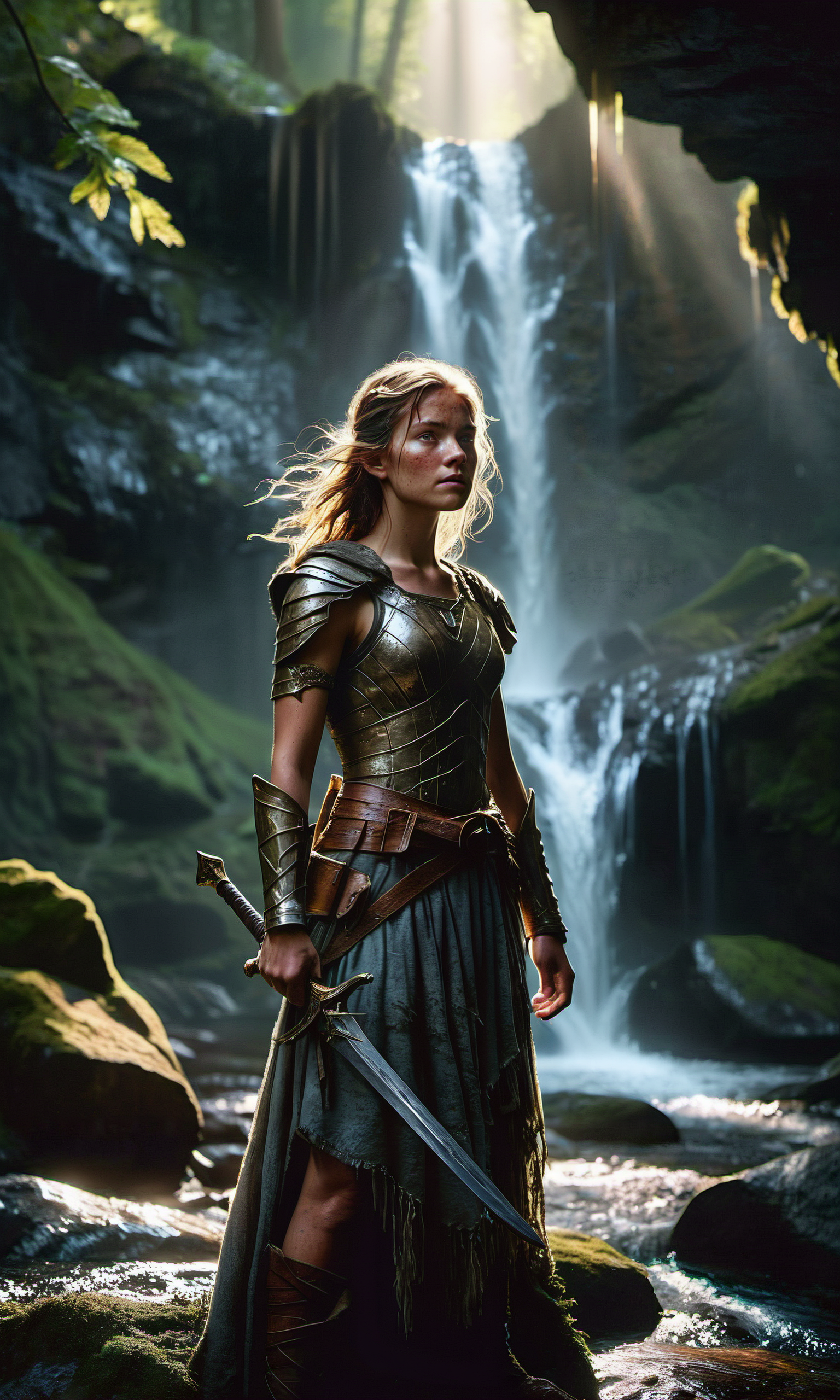 Sharp focus, big depth of field, Masterpiece, colors, 3d octane render, 4k, concept art, trending on artstation, hyperrealistic, Vivid colors, extremely detailed CG unity 8k wallpaper, trending on CGSociety, Intricate, High Detail, dramatic,

A resilient and daring 22yo female fantasy adventurer stands poised at the base of a majestic, towering waterfall, a cascade of crystal-clear water cascading down the rocky cliff. Her weathered leather armor bears the marks of countless battles, while a tattered cloak billows in the misty breeze. With a gleaming sword strapped to her side and a bow slung over her shoulder, she gazes up at the cascading water with a mixture of awe and determination. The sunlight filtering through the dense foliage above casts a magical glow on her determined face, framed by tousled hair that hints at the wild journeys she has undertaken. Despite the daunting natural spectacle before her, there's an unmistakable sense of adventure and bravery in her stance, as if the allure of the unknown beckons her to ascend the waterfall and unveil the secrets that lie beyond.

<lora:RMSDXL_Enhance:1>,
<lora:add-detail-xl:0.8>,
<lora:RMSDXL_Darkness_Cinema:1>,

