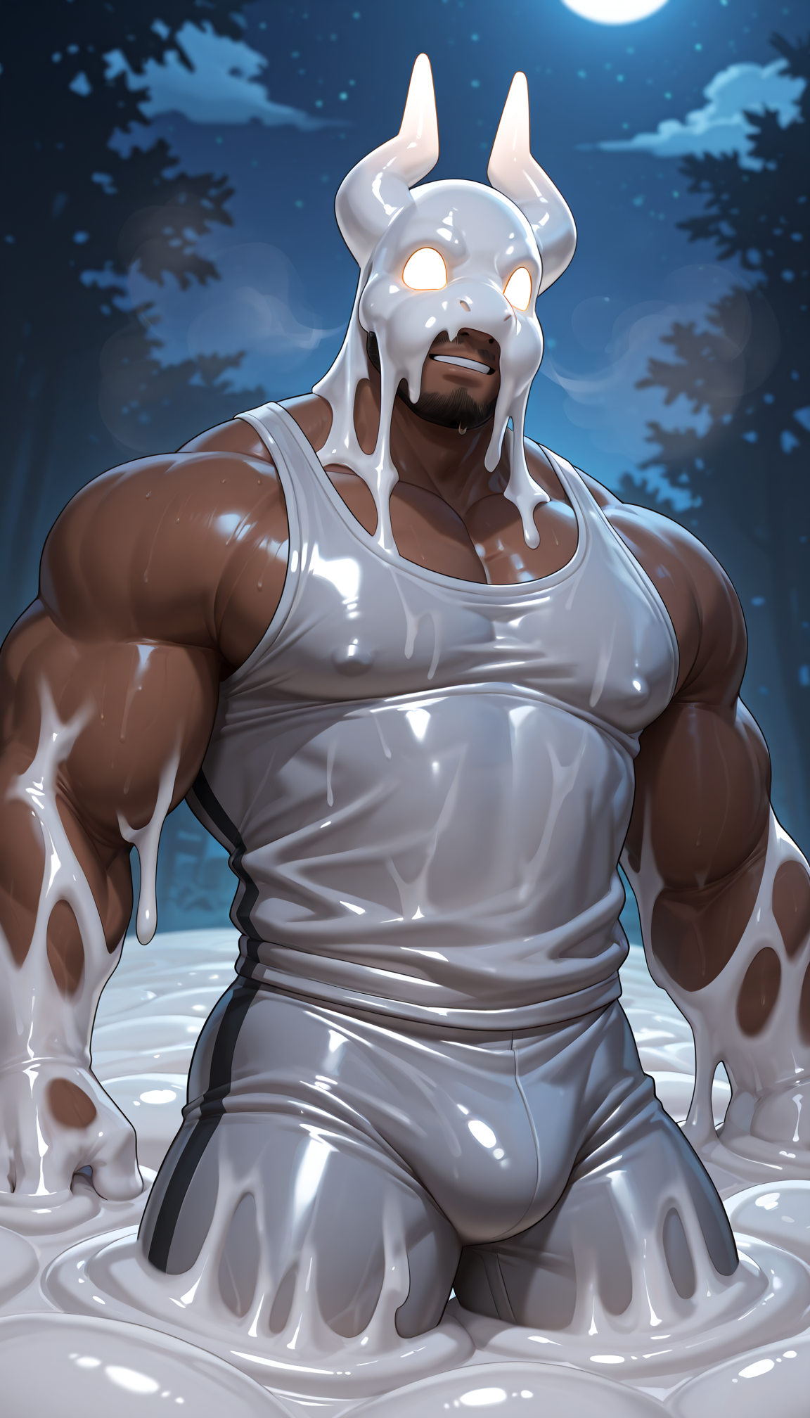 male focus,facial hair,solo,muscular,(detailed eyes:1.2, detailed face, nice eyes),(head covered by slime dragon,white goo),dark-skinned male,steaming body,bodysuit,tank top,night,(merging:0.7),glowing eyes,<lora:takahirosi-14:0.9>,
