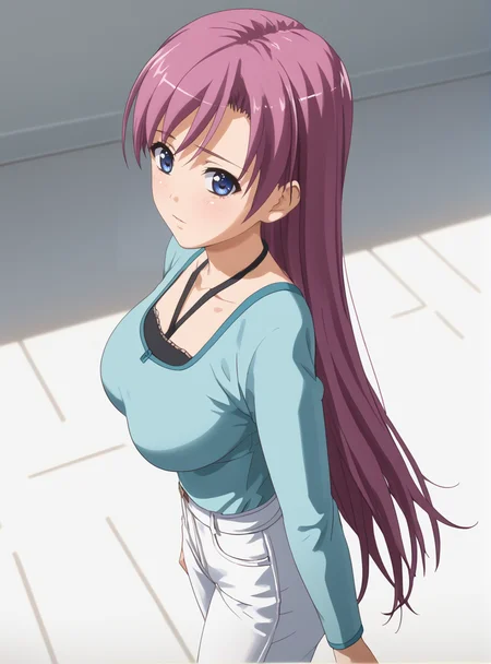 better skin,(score_9_up:1.2),(score_8_up:1.2),(score_7_up:1.2),expressiveh, ,1girl,Masterpiece,(detailed hair), detailed background,thick thighs, big breasts,wide hips, small waist, detailed skin, looking at viewer, big breasts, perfect anatomy, correct sense of scale, side lighting, feminine body, shiny skin, high layer, high layer long, slim, constricted waist, nice body, lips, Sexy mouth, neatly drawn nose, beautiful fingers, beautiful white skin, Beautiful clear skin , whole body, parted lips, looking at viewer, from side, from above, <lora:Makino_Haruka_-_Oni_Chichi_2:1> makino haruka, pink hair, blue eyes, long hair, large breasts, blue shirt, pants