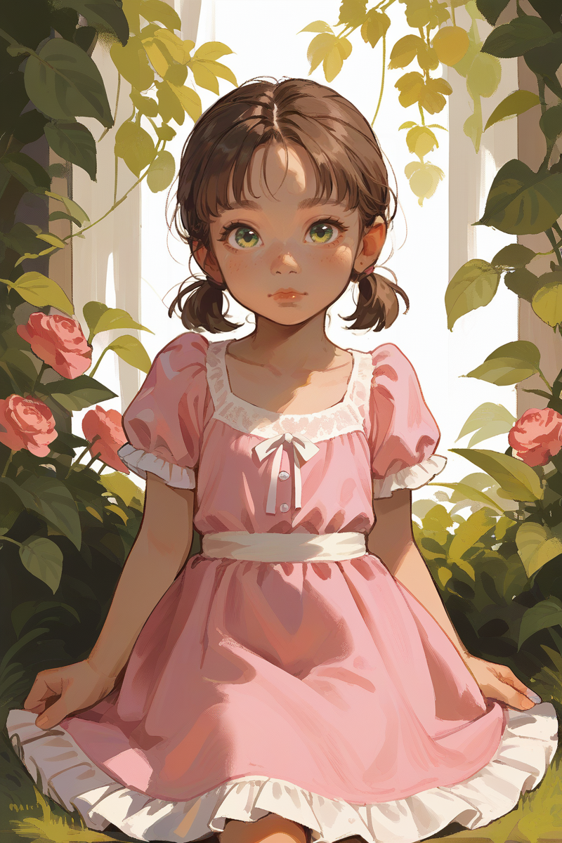 score_9,score_8_up,score_7_up,score_6_up,score_5_up,score_4_up,
1girl, solo, cute, young, child, pink dress, brown hair, short pigtails, green eyes, looking at viewer,
 <lora:incase_v14:0.9>