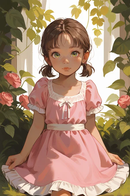 score_9,score_8_up,score_7_up,score_6_up,score_5_up,score_4_up,
1girl, solo, cute, young, child, pink dress, brown hair, short pigtails, green eyes, looking at viewer,
 <lora:incase_v14:0.9>