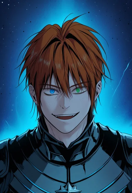 score_9, score_8_up, score_7_up, score_6_up, source_anime, 2d, 1boy, smirk, sluttish, lewd, athletic build, pecs, <lora:add_detail:0.3>, handsome boy, athletic body, manly boy, toned body, toned, male focus, solo, <lora:Chaos__Hero_Killer__Manhwa__webtoon:0.92>,  Chaos, heterochromia, blue eye, green eye, auburn hair, short hair, scars all over the body, perfect face, (perfect face, perfect eyes:1.2), looking at viewer, bishounen, toned male, athletic build, large pectorals, pecs, cute boy in his mid twenties, <lora:gothfpaPony:0.8>, wearing gothic full plate armor, sallet helmet, visor \(armor\), breastplate, pauldrons, gauntlets, greaves, tassets, holding sword, black cross emblem, standing at ruin village, (((standing at a ruin village))), detailed hair, detailed face, detailed eyes, detailed clothes, detailed skin, ultra-detailed, (upper body), (top quality), extremely detailed, extremely detailed CG, (high resolution), highly detailed, (high quality), (perfect quality), (vibe colors), detailed mouth, detailed ears, detailed eyes, detailed clothes, detailed nose, perfect ears, facing the viewer, perfect face, detailed face, extremely detailed hair, masterpiece, best quality, muscular, high quality, UHD, 4K, Intricate Details, extremely detailed wallpaper, perfect lighting, clear background, very handsome face, evil smile, high detailed nose, heterochromia, blue eye, green eye, perfect nose, midnight, no lips