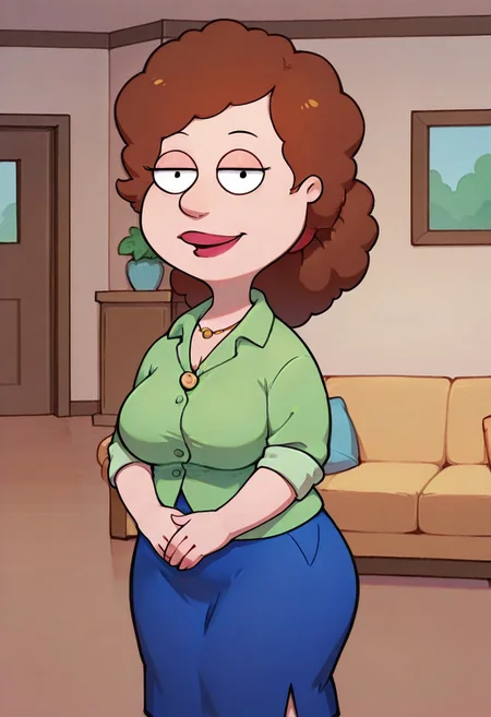 score_9,score_8_up,score_7_up,score_6_up,best quality, 1girl, solo, living room, couch, indoors,
BREAK
unnamed girl, brown hair, black eyes, (mature female:1.5), (plump:1.2), large breasts, gigantic ass, gigantic hips, green sweater, rolled up sleeves, blue skirt, shoes, own hand together, smile, looking at viewer, long skirt, half-closed eyes, necklace,