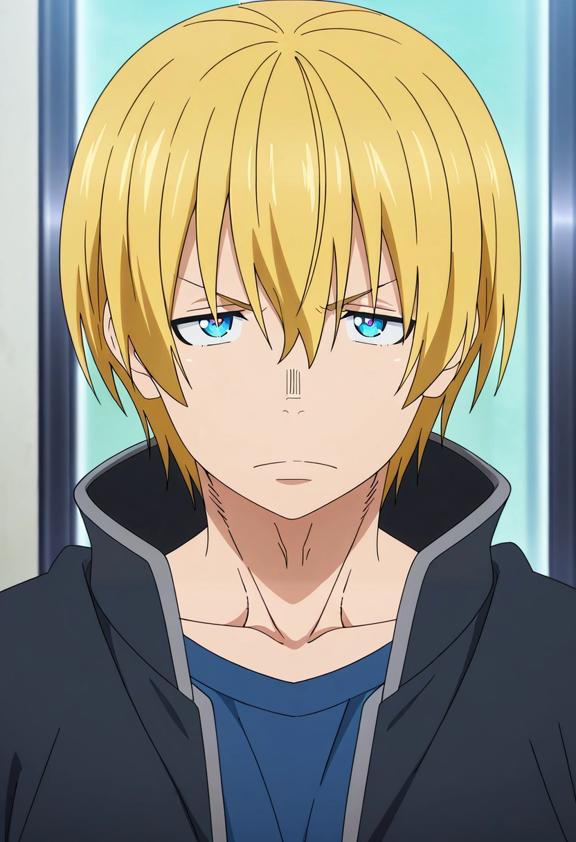 masterpiece, best quality, intricate details, anime screencap, anime coloring, official style, looking at viewer, 1boy, solo, male focus, <lora:arthur_boyle_ilxl:1>, arthur_boyle, blonde hair, blue eyes, short hair, hair between eyes, , , ,