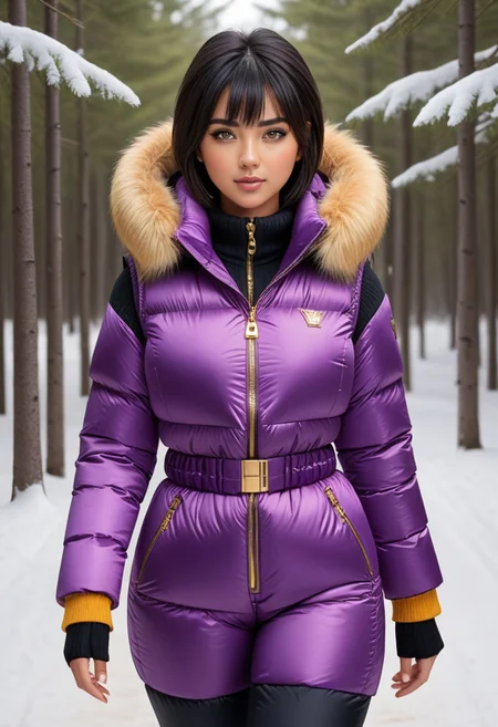 ((((puffer padded jacket)))), ((((puffer padded coat)))), ((((full body)))), ((((fur boots)))), ((((puffer pants)))), ((((puffer hood up)))), winter, snow, forest, 1girl, solo, (masterpiece), detailed face, detailed eyes, (beautiful detailed eyes:1.5), sidelighting, (super detail, hyper detail, intricate_details, detailed), (semi realistic:1.6), (Bob cut), blunt bangs,(black hair), (purple eyes, eyelashs), tanned skin, smug smile, angry face, Golden jewelery, golden rings, golden necklace, golden armlets, golden chains, padded collar, Thick padded collar, <lora:Collar-SDXL:0.6>, <lora:cropped_puffer_vest_v2:0.4>, <lora:snowpants_v1:0.4>