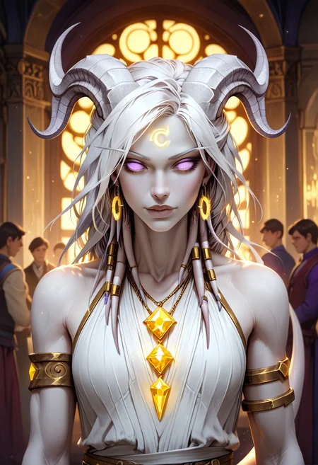 (absurdres, best quality, masterpiece:1.4), score_9, score_8_up, score_7_up, score_6_up, detailed, detailed body, detailed face, world of warcraft, fantasy, <lora:add-detail-xl:1.5>,
fFaceDetail, (female, draenei, h0rns, ram horns, white horns, tall, athletic arms, pale white skin, long white hair, purple eyes, no pupils, no sclera, long white tail, long fingers, purple fingernail polish),
(long loose white dress, sleeveless, tail under dress, simple armlet, small yellow gem pendant, small yellow gem earrings),
upper body, front view, looking at viewer,
depth of field, indoors, ballroom, (crowds in background, fantasy clothing, human, varied clothing)