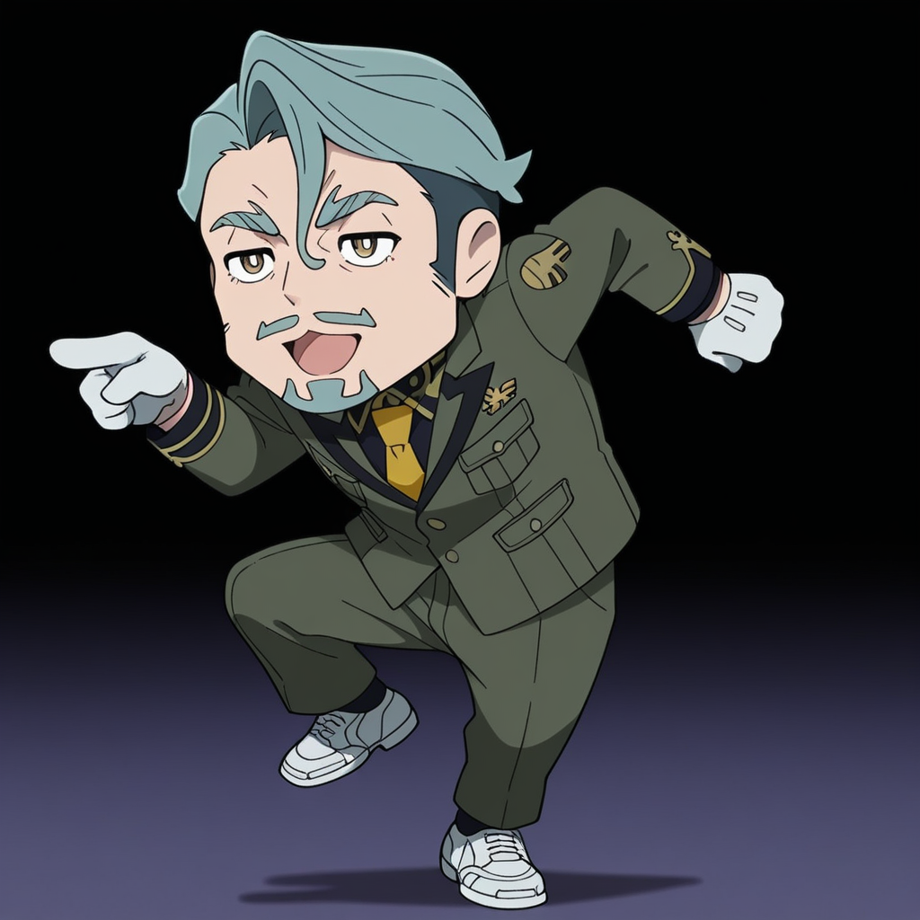 <lora:IL_GQ_Shallia_Bull:1>,GQ_bull,1boy,solo,GQ_Shallia,goatee,gq_mustache,sideburns,thick eyebrows,GQ_Shallia_clt,yellow necktie,green jacket,green pants,shoes,gloves,<lora:genba_neko_like_v2:1>,genba_neko,chibi,pointing,standing on one leg,:3,open mouth,meme,parody,, masterpiece,best quality,amazing quality,uncensored