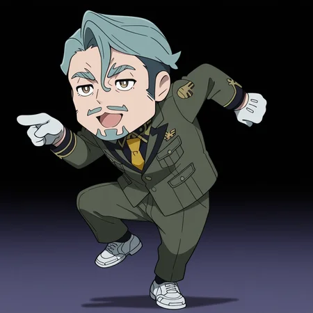 <lora:IL_GQ_Shallia_Bull:1>,GQ_bull,1boy,solo,GQ_Shallia,goatee,gq_mustache,sideburns,thick eyebrows,GQ_Shallia_clt,yellow necktie,green jacket,green pants,shoes,gloves,<lora:genba_neko_like_v2:1>,genba_neko,chibi,pointing,standing on one leg,:3,open mouth,meme,parody,, masterpiece,best quality,amazing quality,uncensored