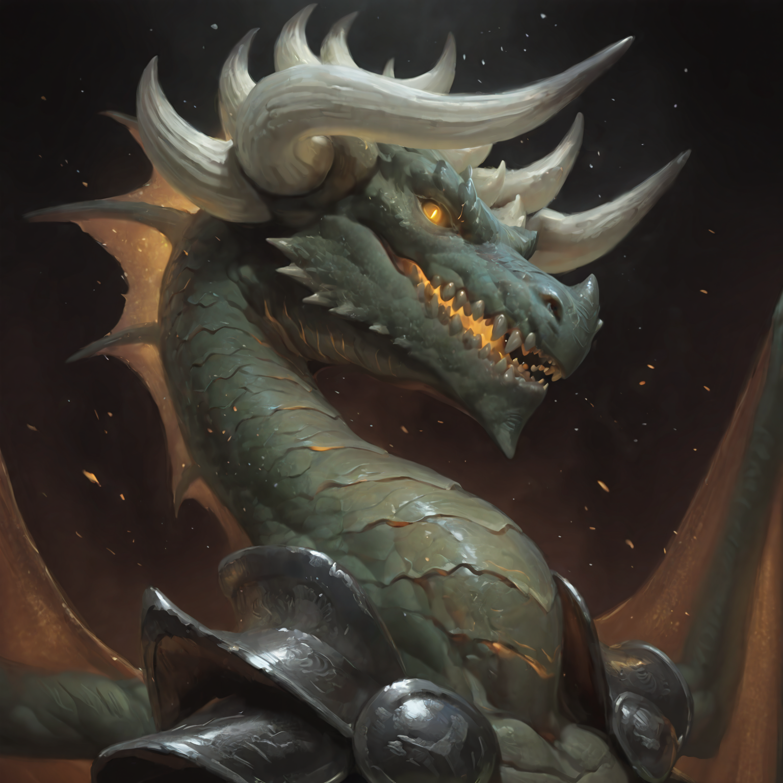 best quality, amazing quality, absurdres, newest, masterpiece BREAK KorvoldMTG, 1boy, dragon, green scales, semi-anthro, horns, solo, glowing eyes, wings, teeth, glowing, looking at viewer, portrait, simple background, close-up, shoulder armor <lora:Korvold_Fae-Cursed_King_magic_the_Gathering:1>  <lora:NOOB_vp1_detailer_by_volnovik_v1:1>