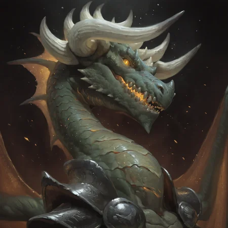 best quality, amazing quality, absurdres, newest, masterpiece BREAK KorvoldMTG, 1boy, dragon, green scales, semi-anthro, horns, solo, glowing eyes, wings, teeth, glowing, looking at viewer, portrait, simple background, close-up, shoulder armor <lora:Korvold_Fae-Cursed_King_magic_the_Gathering:1> <lora:NOOB_vp1_detailer_by_volnovik_v1:1>