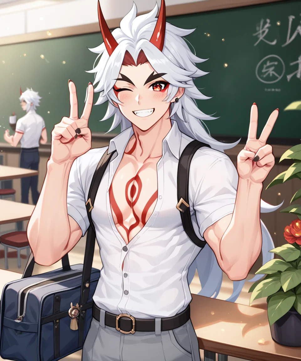 score_9, score_8_up, score_7_up, score_6_up, score_5_up, score_4_up, source_anime, arataki itto, red eyes, genshin impact, white hair, long hair, oni horns, 1boy, male focus, oni horns, red hair, looking at viewer, from front, blush, smile, solo, one eye closed, wink, peace sign, v, school, white buttoned shirt, school bag, portrait, standing, cafe, tables, blackboard, depth of field, light particles, plants, muscular,  <lora:ittoPDXL:1>