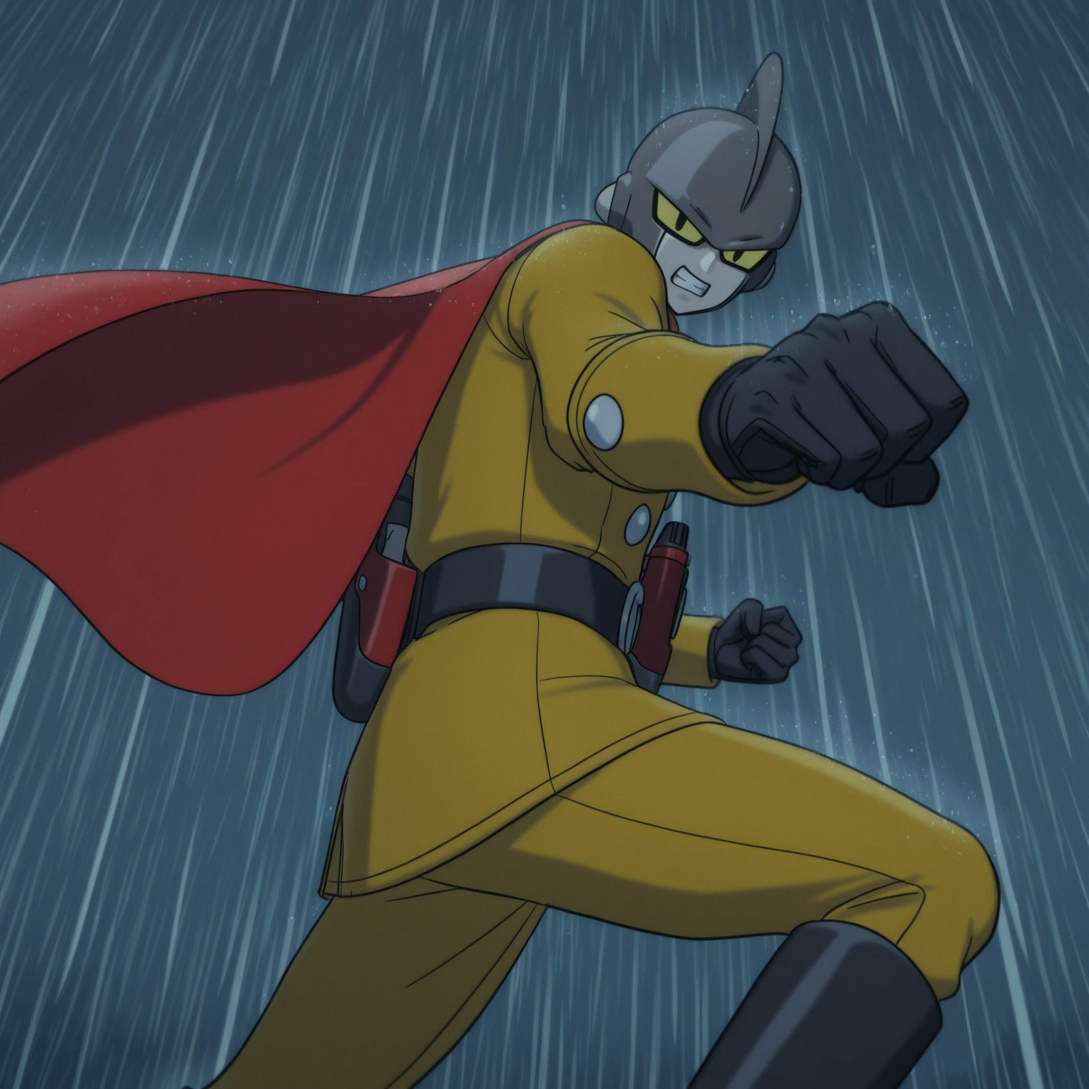 1boy, 2d, solo, DBSGamma1, male, android, humanoid, dark gray skin, light gray skin, two tone skin, yellow sclera, black pupils, fin on head, Yellow uniform, yellow pants, long sleeves, black gloves, black boots, red cape, gray buttons, belt, belt buckle, gun holster 

BREAK gritting teeth, angry expression, outside, rain, raining, looking at viewer, fists, fighting stance, 

BREAK best quality, amazing quality, very aesthetic, absurdres, newest, masterpiece, high quality, highres