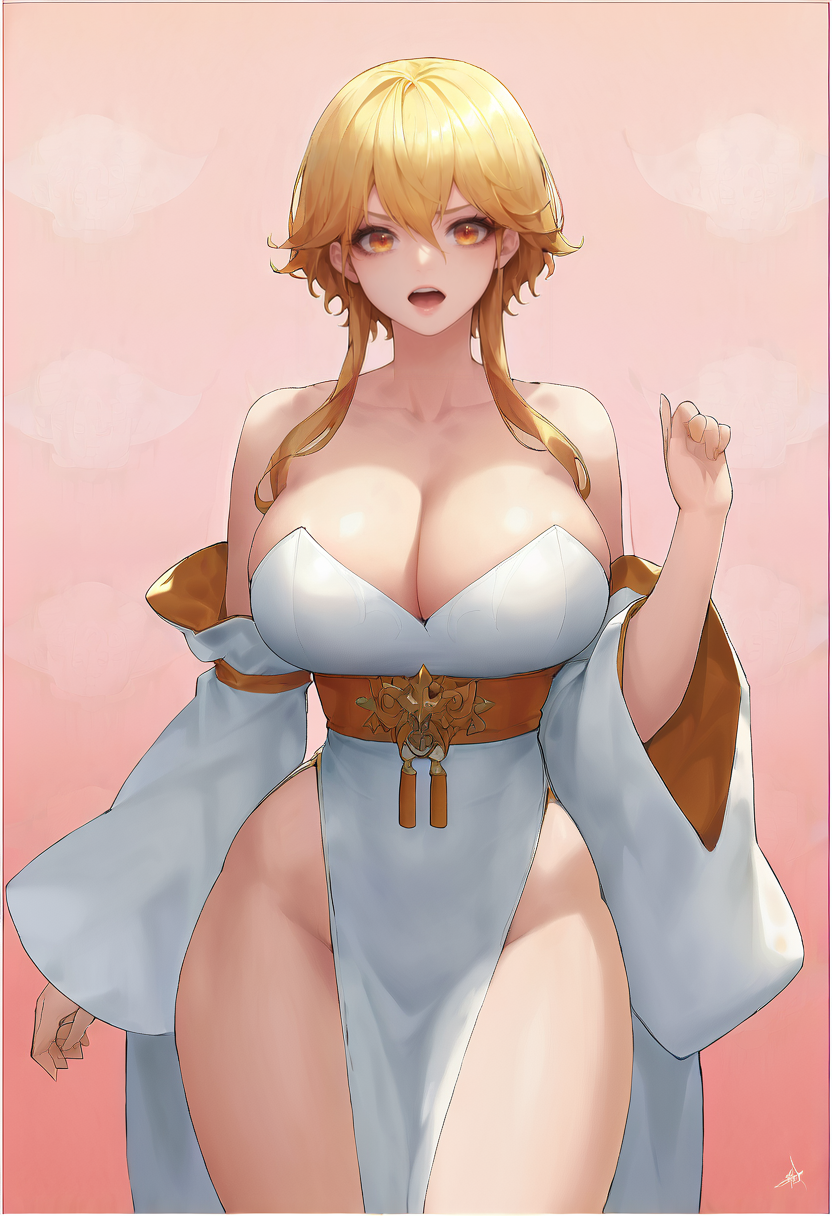 score_9, score_7_up,  1girl, 
huge breasts, wide hips, thick thighs, cowboy shot, blonde hair, tube dress, dress, breasts, open mouth, detached sleeves, bare shoulders, strapless dress, hand up, flipped hair, straight-on, thighs, :o, pink background, curvy, white dress, long sleeves, strapless, short hair with long locks, v-shaped eyebrows, looking at viewer, solo, orange eyes, wide sleeves, cleavage, long dress, hip vent, hair between eyes
 <lora:daeho_cha-Style-PonyXL-GLoRA+Final-000045:1>