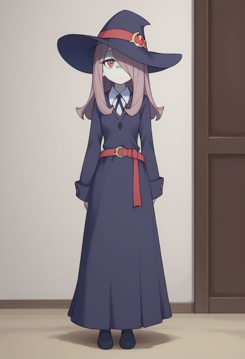 score_9, score_8_up, source_anime, highly detailed, 1gir, solo,
sucy, 1girl, hat, solo, witch hat, pale skin, red eyes, hair over one eye, long hair, witch, luna nova school uniform, full body, school uniform, belt, pink hair,
indoor,
