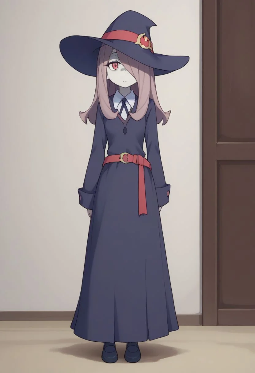 score_9, score_8_up, source_anime, highly detailed, 1gir, solo,
sucy, 1girl, hat, solo, witch hat, pale skin, red eyes, hair over one eye, long hair, witch, luna nova school uniform, full body, school uniform, belt, pink hair,
indoor,