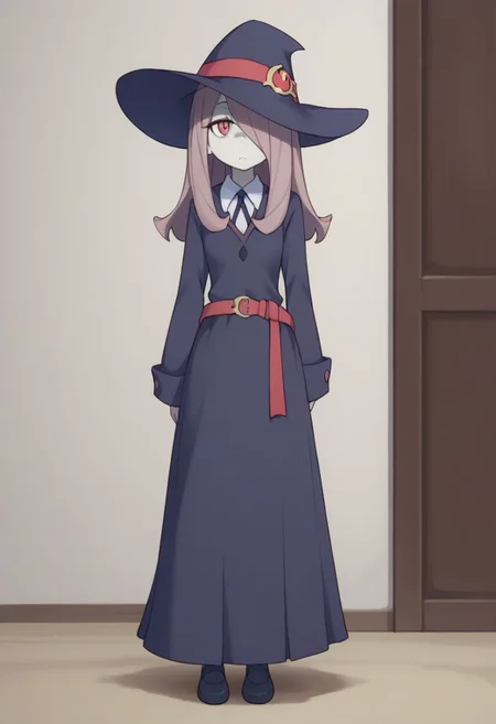 score_9, score_8_up, source_anime, highly detailed, 1gir, solo,
sucy, 1girl, hat, solo, witch hat, pale skin, red eyes, hair over one eye, long hair, witch, luna nova school uniform, full body, school uniform, belt, pink hair,
indoor,
