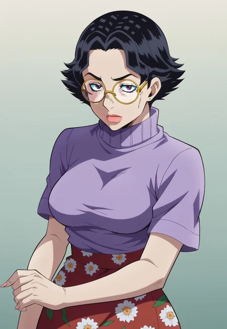 safe_pos, score_9, score_8_up, score_7_up, BREAK, solo, 1girl, female, black hair, pulled back hair, slicked back hair, Purple turtleneck sweater, short sleeves, long floral skirt, freckles, round glasses, short hair, medium breasts