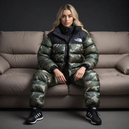 (full body shot) cute british woman wearing Camouflage prints with a twist (e.g., urban camo) tnf_nuptse jacket and thick puffy double layered tnf_nuptse puffer salopettes, hyperdetailed photography,4k textures,intricate details,4k resolution <lora:pufferdown_tnf_nuptse:0.5>, sitting on a couch, in a dark room, cinematic still