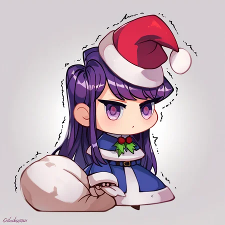 score_9, score_8_up, score_8, ,,, zzPadoru, komi_shouko, 1girl, long hair, simple background, long sleeves, white background, holding, purple eyes, purple hair, trembling, red headwear, fur-trimmed capelet, (:<), holding sack, ,<lora:PadoruMemePDXL:1.0>, ,,, looking at viewer, ,,, embedding:zPDXL, <lora:SDXLFaeTastic2400:0.5>,