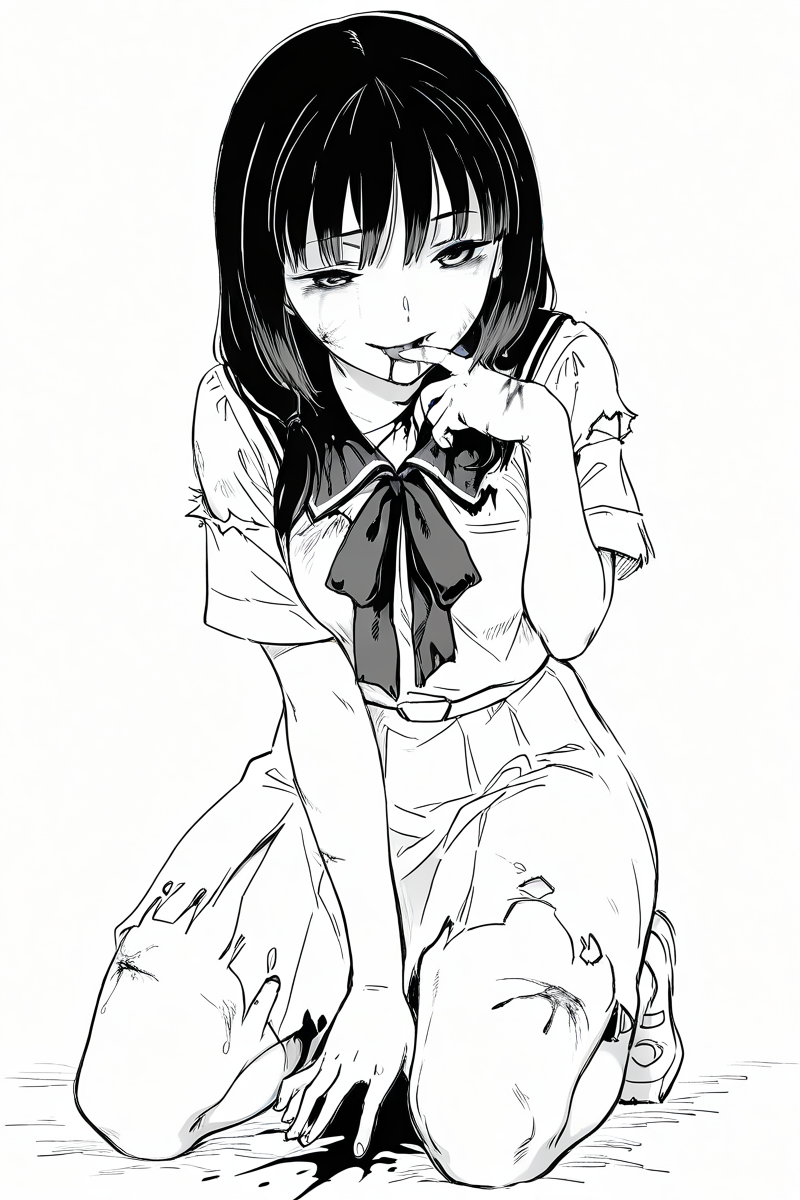 masterpiece, best quality, amazing quality,
<lora:Uta_IL:1>  uta, 1girl, solo, black hair, pale skin, monochrome, school uniform, kneeling, seductive, lick own finger, horny, torn clothes, blood, bruises, lewd smile, happy, cuts,
 <lora:KubikiriXL:1> kubikiri, sketch,