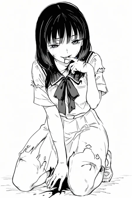 masterpiece, best quality, amazing quality,
<lora:Uta_IL:1>  uta, 1girl, solo, black hair, pale skin, monochrome, school uniform, kneeling, seductive, lick own finger, horny, torn clothes, blood, bruises, lewd smile, happy, cuts,
 <lora:KubikiriXL:1> kubikiri, sketch,