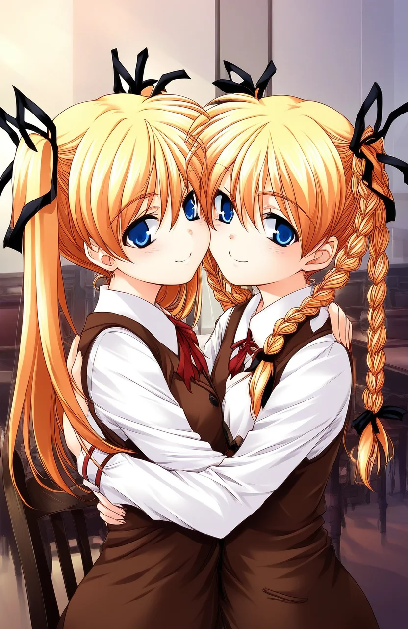 score_9, score_8_up, score_7_up, source_anime, rating_explicit, BREAK <lora:Itsukiï¼Imi_Ver2.0_XL:1> Itsukiï¼Imi, multiple girls, 2girls, blonde hair, twins, siblings, blue eyes, twintails, braid, ribbon, sisters, twin braids, hair ribbon, long hair, chair,
brown vest, hug, upper body, shirt, smile,
short stack,