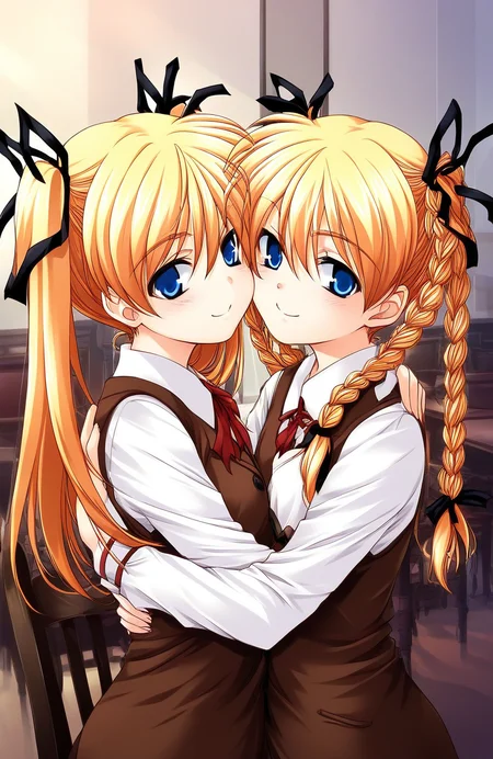 score_9, score_8_up, score_7_up, source_anime, rating_explicit, BREAK <lora:Itsukiï¼Imi_Ver2.0_XL:1> Itsukiï¼Imi, multiple girls, 2girls, blonde hair, twins, siblings, blue eyes, twintails, braid, ribbon, sisters, twin braids, hair ribbon, long hair, chair,
brown vest, hug, upper body, shirt, smile,
short stack,