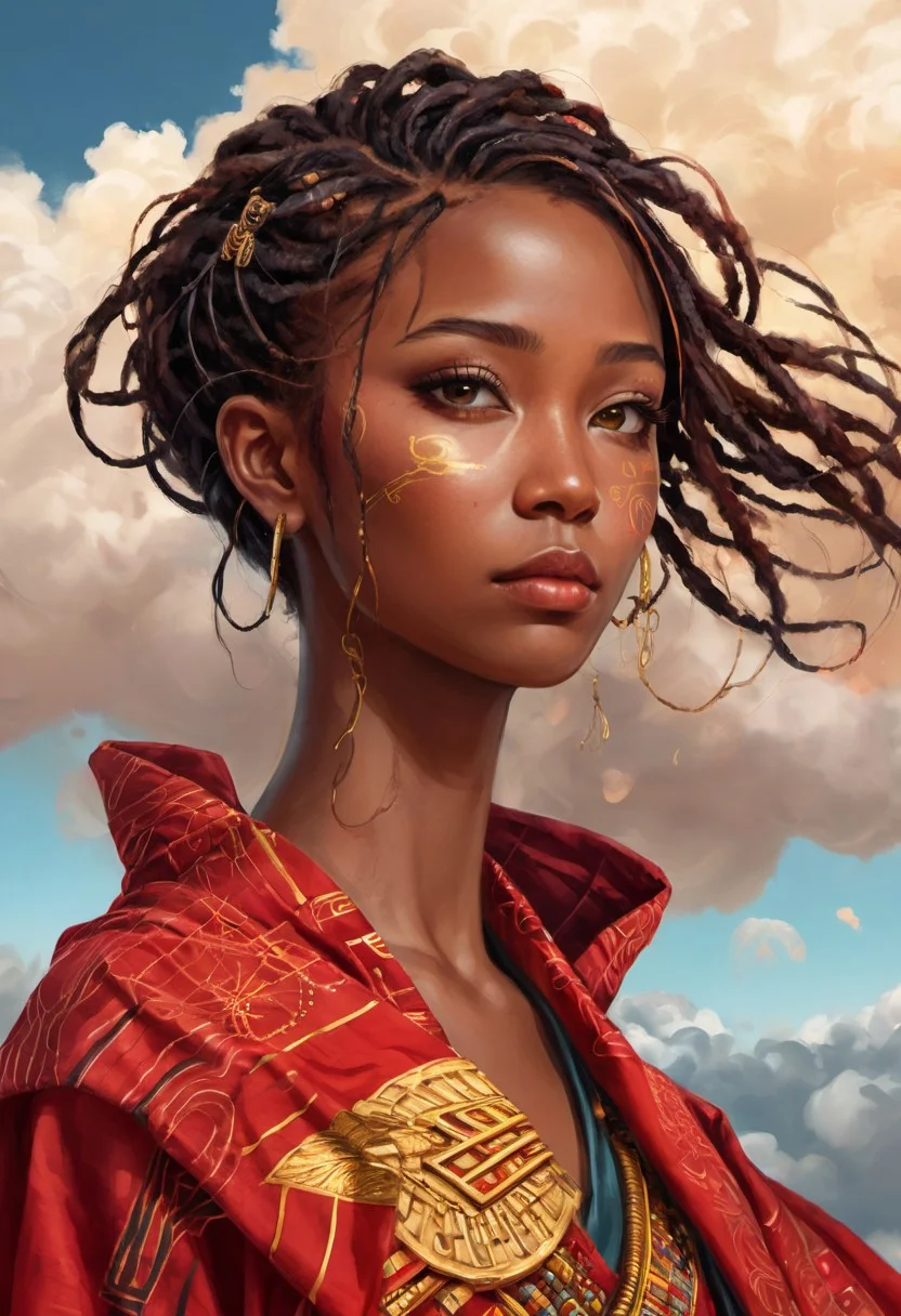 A close-up portrait of a beautiful young guard in her shwe-swhe robe, African theme, faded background, dynamic movement, intricate detail, tribal African elements, hints of gold and red, cyberpunk anime, cyberpunk, cumulus clouds, AlfMch, anime, cyberpunk
