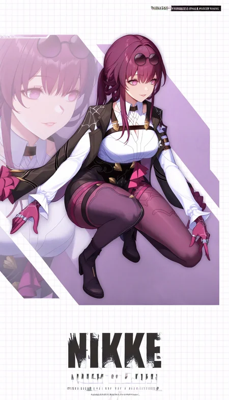 masterpiece, best quality, 1girl, <lora:NikkeProfile_illusXL_Incrs_v1.1:1.2>, NikkeProfile, full body, checkered background, white background, zoom layer, copyright name, character name, english text, logo, on one knee, kafka \(honkai: star rail\), purple eyes, bangs, eyewear on head, collared white shirt, long sleeves, jacket on shoulders, black jacket, black shorts, gloves, purple gloves, pantyhose under shorts, criss-cross straps, thigh strap, purple pantyhose, thigh boots, asymmetrical legwear