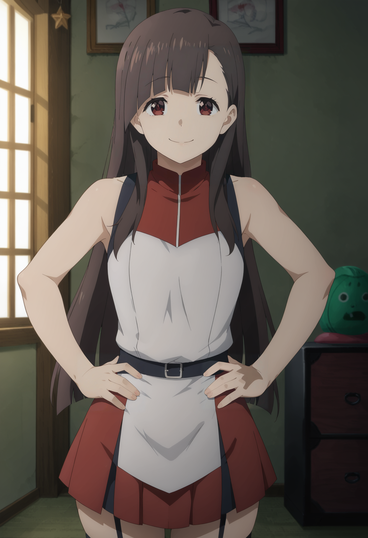 <lora:Yuiyui-Konosuba:0.8>,yuiyui,1girl,solo,long hair,brown hair,red eyes,bangs,sleeveless shirt,red skirt,garter straps,cowboy shot,hands on own hips,looking at viewer,indoors,smile