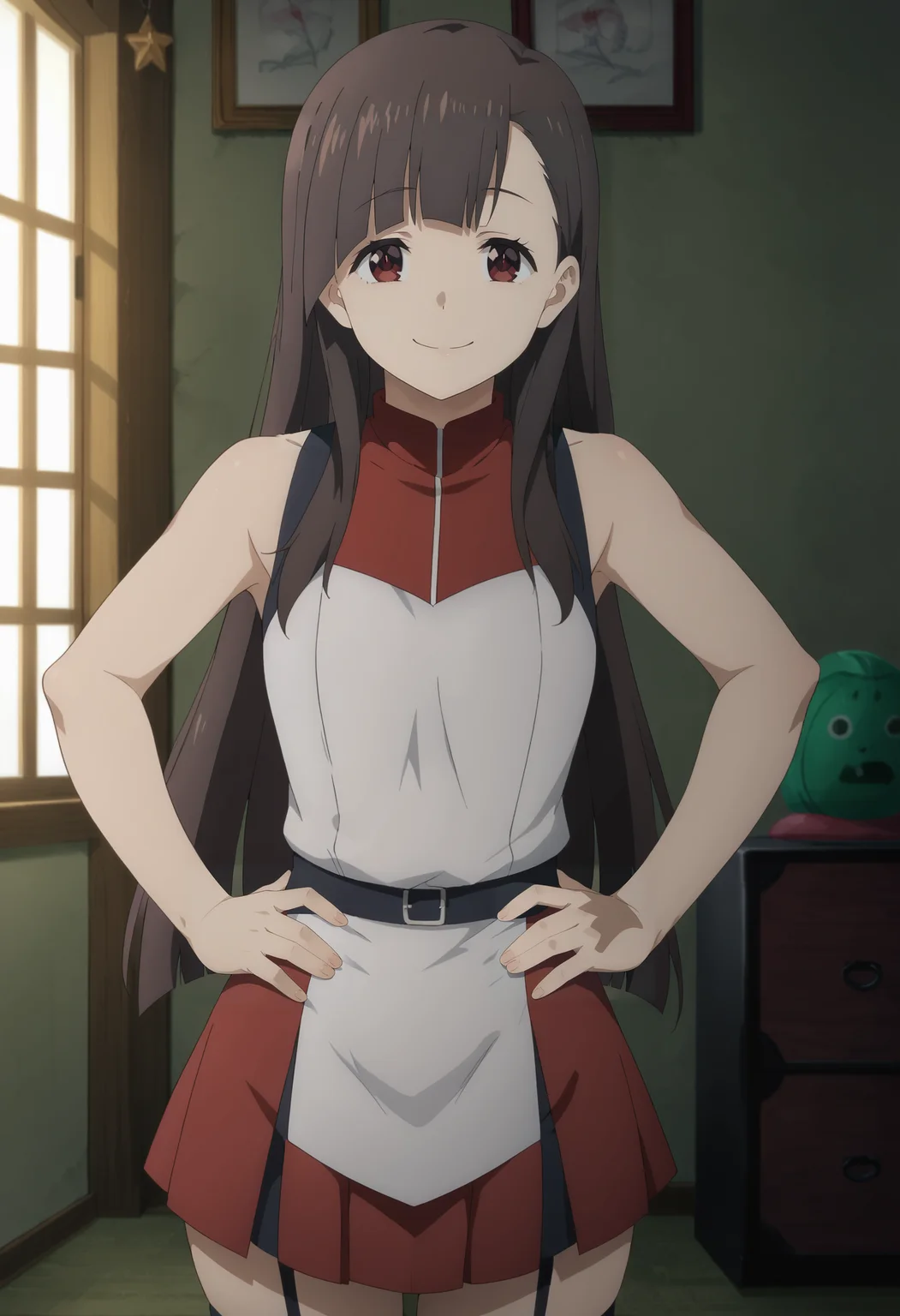 <lora:Yuiyui-Konosuba:0.8>,yuiyui,1girl,solo,long hair,brown hair,red eyes,bangs,sleeveless shirt,red skirt,garter straps,cowboy shot,hands on own hips,looking at viewer,indoors,smile