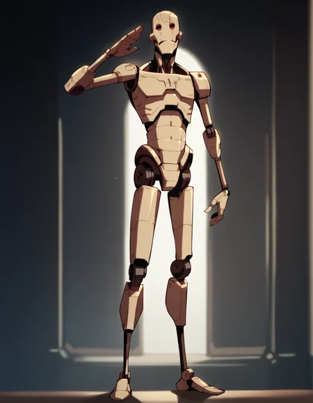 humanoid robot, slim, dark background, indoors, solo, bald, military salute, frontal standing pose, red eyes <lora:GI.ROBOT:1> gi.robot, score_9, score_8_up, score_7_up, score_6_up, 2d, digital art, masterpiece <lora:Expressive_H:0.4> expressiveh <lora:princess_xl_v2:0.3> <lora:g0th1c2XLP:0.3> g0th1c