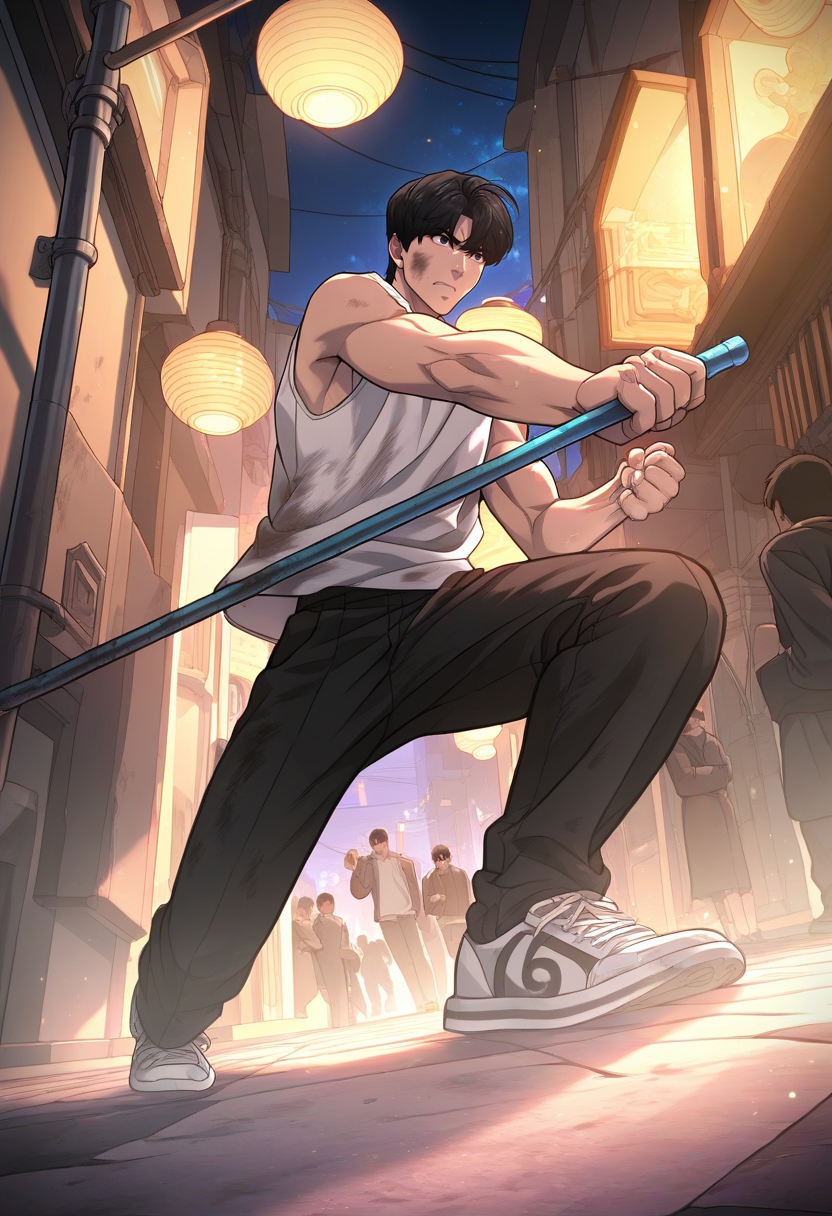 1boy, male focus, solo focus, 
<lora:Character - Questism - Kim Suhyeon:1> kimsuhyeon, black hair, black eyes
,((zPDXL)), score_9_up, score_8_up, score_7_up, score_6_up, score_5_up, score_4_up, best quality, amazing quality, best aesthetic, amazing aesthetic, absurdres, year2023, uncensored, very nsfw, official art, official style,
white tank top,  alley, night, night sky,  surrounded, crowd, serious,  fighting stance, lead pipe, holding lead pipe, motion lines, motion blur, fighting, angry, dirty face, dirty, dirty clothes, shoes,