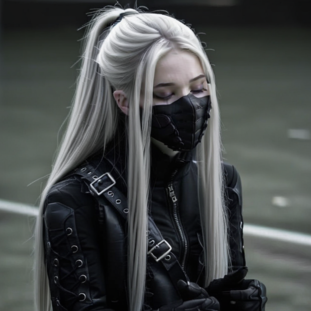 closed eyes, belt, 1girl, pale skin, fingerless gloves, ponytail, grey eyes, open clothes, long hair