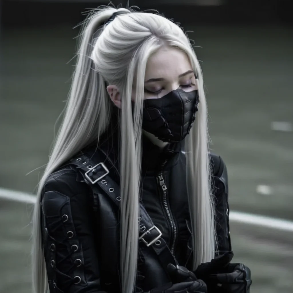 closed eyes, belt, 1girl, pale skin, fingerless gloves, ponytail, grey eyes, open clothes, long hair