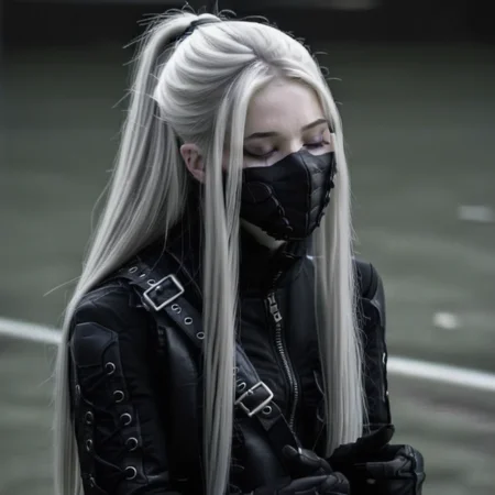 closed eyes, belt, 1girl, pale skin, fingerless gloves, ponytail, grey eyes, open clothes, long hair
