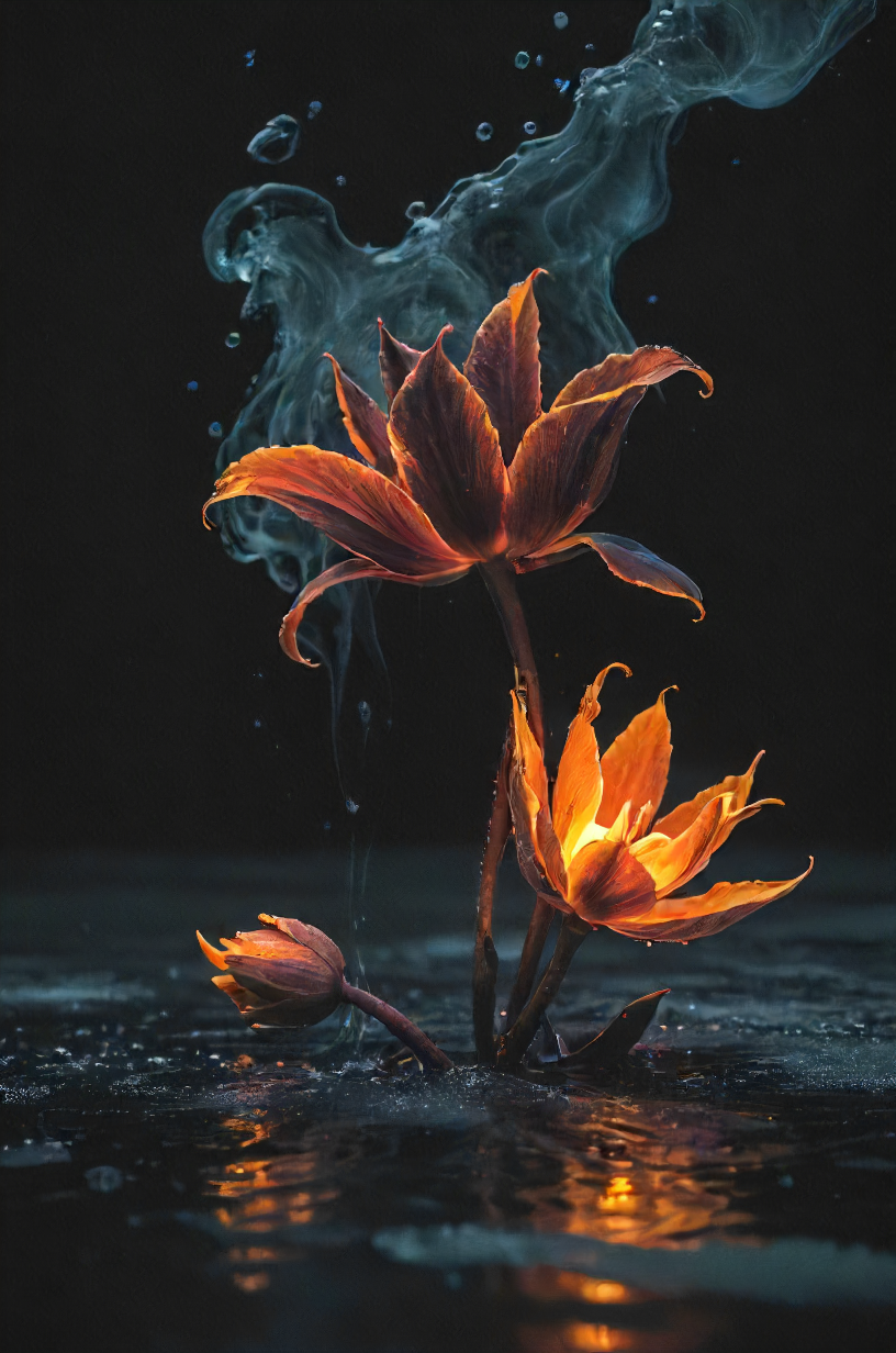 black flames dancing trough the night repelled by a water flower on ice , infinite scale, composition, novuschroma37 style, <lora:- SDXL - vanta-black_contrast_V3.0:0.4>, <lora:CBS_novuschroma37 style_b:0.4>, <lora:ral-hlgrphic-sdxl:0.8>