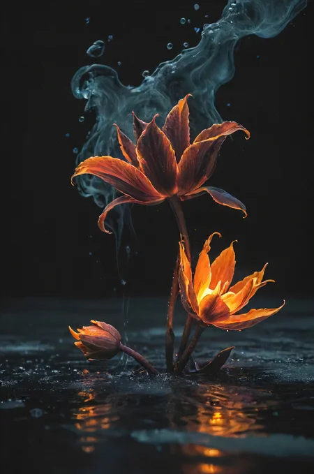 black flames dancing trough the night repelled by a water flower on ice , infinite scale, composition, novuschroma37 style, <lora:- SDXL - vanta-black_contrast_V3.0:0.4>, <lora:CBS_novuschroma37 style_b:0.4>, <lora:ral-hlgrphic-sdxl:0.8>