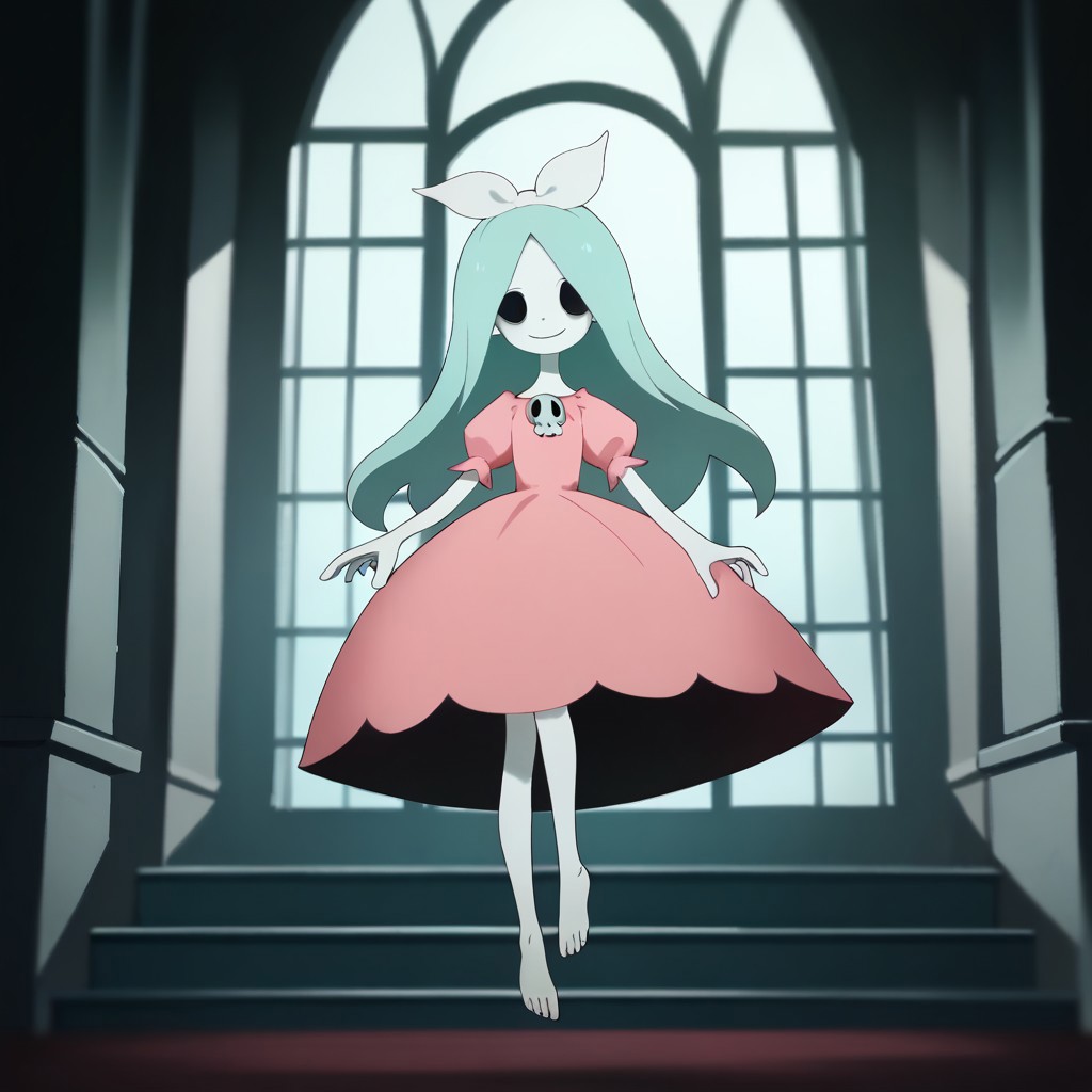 score_9, score_8_up, score_7_up BREAK Dthgrl, 1girl, pale skin, black hollow eyes, cyan hair, white bow, pink dress with skull brooch, barefoot, floating through dark mansion, solo, solo focus, mansion indoors, happy,