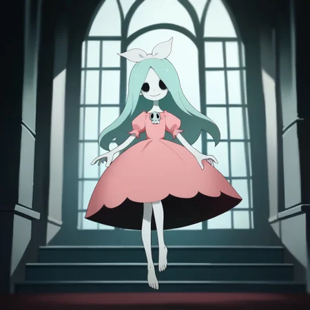score_9, score_8_up, score_7_up BREAK Dthgrl, 1girl, pale skin, black hollow eyes, cyan hair, white bow, pink dress with skull brooch, barefoot, floating through dark mansion, solo, solo focus, mansion indoors, happy,
