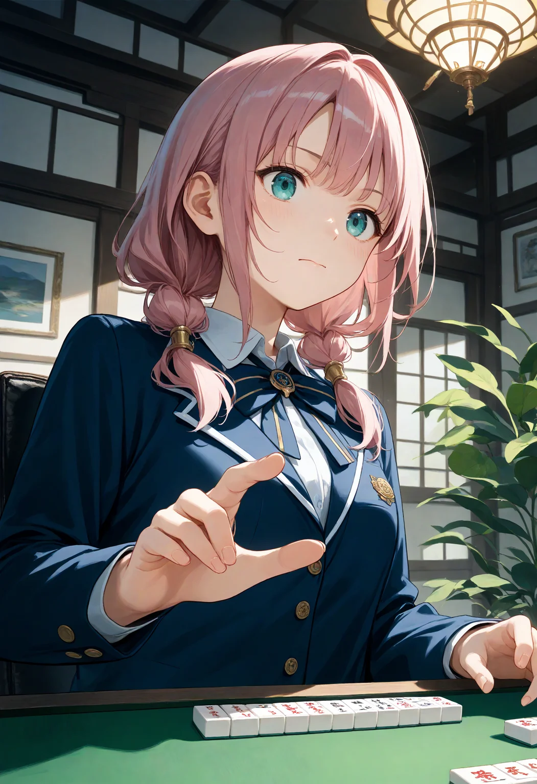 score_9, score_8_up, score_7_up , source_anime, masterpiece, best quality, perfect anatomy , very aesthetic , absurdres ,
1girl, school uniform, medium breasts, solo,<lora:mahjong_Pony_v1:0.9>
mahjong, mahjong tile, mahjong table, board game, playing games,holding mahjong tile,indoors, sitting, chair,
from below, upper body, looking to the side,pink hair, aqua eyes,closed mouth, multi-tied hair, panicking