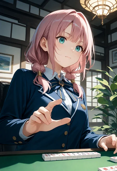 score_9, score_8_up, score_7_up , source_anime, masterpiece, best quality, perfect anatomy , very aesthetic , absurdres ,
1girl, school uniform, medium breasts, solo,<lora:mahjong_Pony_v1:0.9>
mahjong, mahjong tile, mahjong table, board game, playing games,holding mahjong tile,indoors, sitting, chair,
from below, upper body, looking to the side,pink hair, aqua eyes,closed mouth, multi-tied hair, panicking