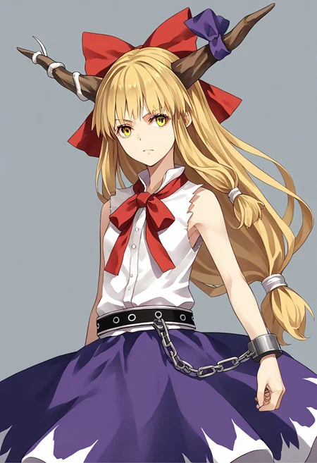 score_9, score_8_up, score_7_up, score_6_up, score_5_up, score_4_up, source_anime, 1girl, solo,
ibuki suika, horns, blonde hair, low-tied long hair, hair bow, yellow eyes, sleeveless white shirt, belt, purple skirt, shackles,
masterpiece, best quality, very aesthetic, absurdres,