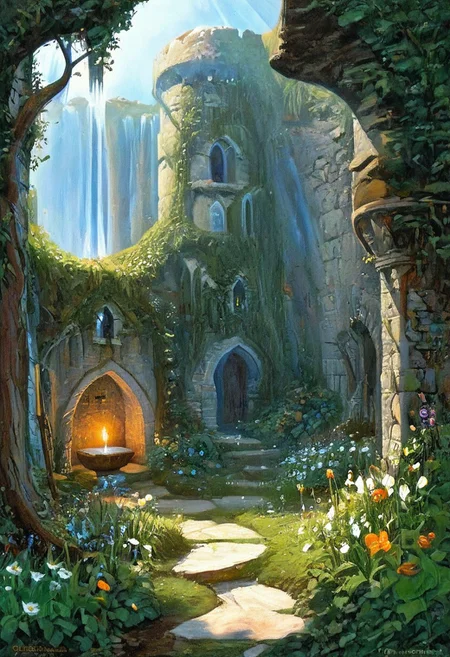 Concept: A sorcerer tends a magical garden where plants evolve rapidly. The garden symbolizes natural selection, with different plant species and magical eggs representing the various stages of evolution.
Fantasy Trope: A mystical garden guarded by a powerful sorcerer, reflecting the biological process of evolution.
nest, eggs, big eggs, lush, overgrown, flowers, trees, roots, insects, dragonfly, butterfly, fairy, fairies, fantasy garden, d&d, fantasy, book cover, oil painting, 70s, 80s, conan the barbarian, secret garden, castle, ruins, ancient, mystic, frazetta, easley, magician, wizard, sorcerer, knight, sword, rust, robe, hood, beard facial hair, man, old, old man, bearded
