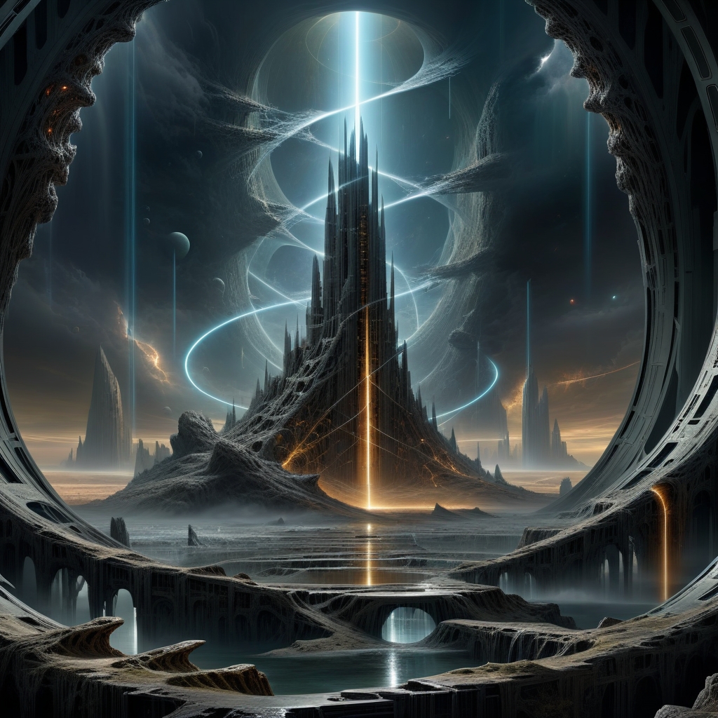 scifi, a techno-optimist fantasy arcology edge of the universe, masterpiece, by Jan Urschel<lora:EnvyBetterHiresFixXL01:0:hr=1><lora:EnvyEndOfTimeXL01:1> <lora:EdobHorrorLandscape_XL_v1.0:1.1> edobhorrorlandscape, Photorealistic, hyperrealism, masterpiece, sharp focus, highly detailed, high quality, digital illustration, intricate details, light reflection, trending on artstation, sharp focus, volumetric lighting, extremely clear 8k wallpaper,